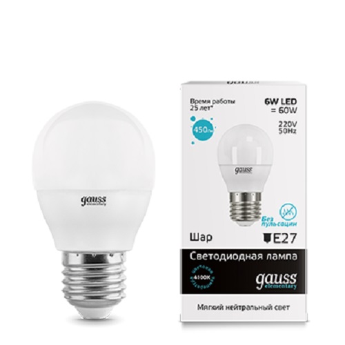 Лампа светодиодная Gauss Elementary G45 Шар E27 220В 6Вт 450Лм 4100К 45х82мм фото Лампа светодиодная Gauss Elementary G45 Шар E27 220В 6Вт 450Лм 4100К 45х82мм картинка